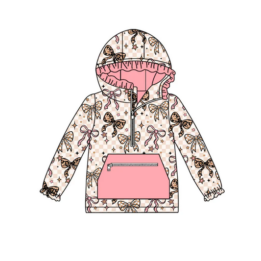 9.12 Preorder (moq 5)Baby Girls Bows Stars Checked Pocket Zipper Ruffle Hoodies Top