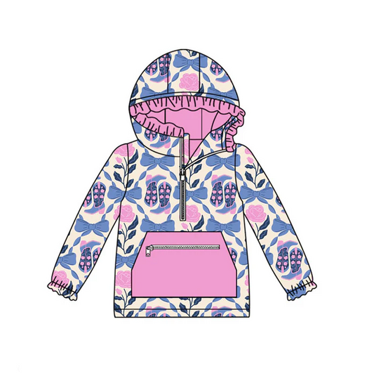 9.12 Preorder (moq 5)Baby Girls Pink Blue Flowers Bows Boots Zipper Pocket Ruffle Hoodies Top