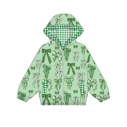 9.12 Preorder (moq 5)Baby Girls Green Bows Pocket Zipper St Patrick Ruffle Hoodies Jackets Top