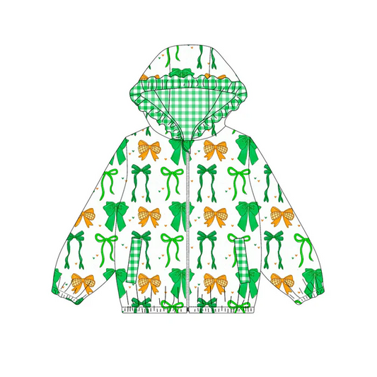 9.12 Preorder (moq 5)Baby Girls Green Orange Bows Hearts Pocket Zipper St Patrick Ruffle Hoodies Jackets Top