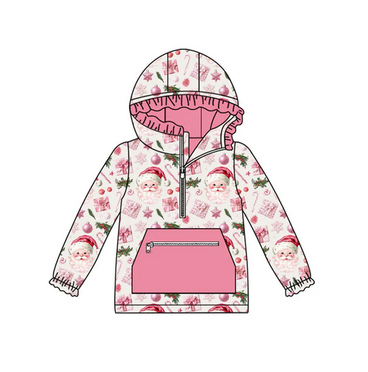 9.12 Preorder (moq 5)Baby Girls Pink Santa Lights Zipper Pocket Christmas Ruffle Hoodies Top