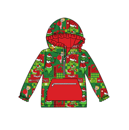 9.12 Preorder (moq 5)Baby Girls Green Faces Miss Zipper Pocket Christmas Ruffle Hoodies Top