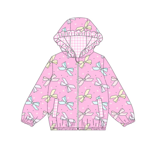 9.12 Preorder (moq 5)Baby Girls Pink Hearts Bows Pocket Zipper Valentine Ruffle Hoodies Jackets Top