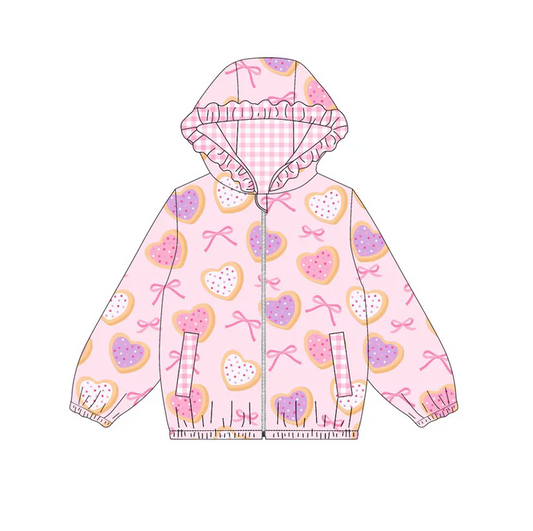 9.12 Preorder (moq 5)Baby Girls Pink Hearts Bows Pocket Zipper Valentine Ruffle Hoodies Jackets Top