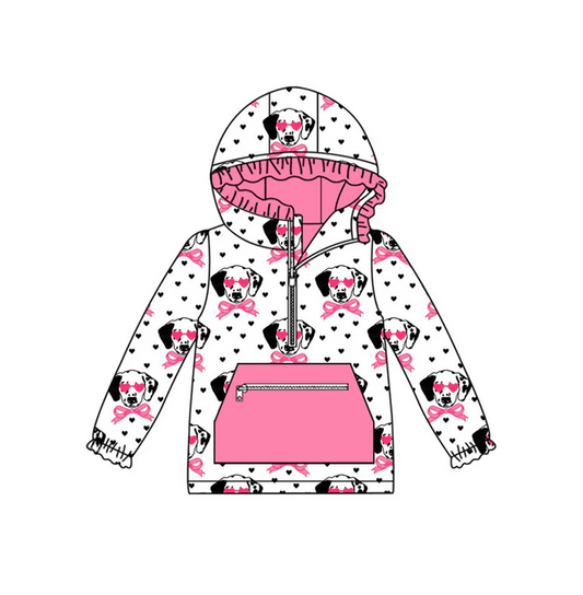 9.12 Preorder (moq 5)Baby Girls Valentine Hearts Dogs Bows Pocket Zipper Ruffle Hoodies Top
