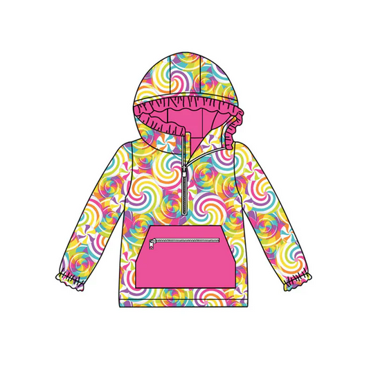 9.12 Preorder (moq 5)Baby Girls Pink Colorful Candy Pockets Zipper Ruffle Hoodies Top