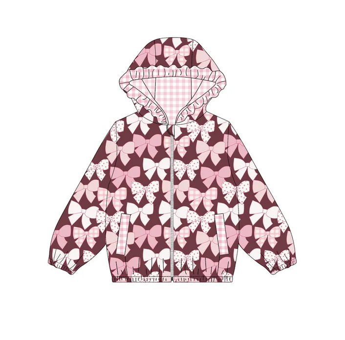 9.12 Preorder (moq 5)Baby Girls Pink Bows Pockets Zipper Valentine Ruffle Hoodies Top