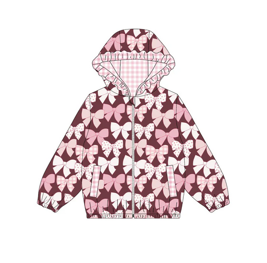 9.12 Preorder (moq 5)Baby Girls Pink Bows Pockets Zipper Valentine Ruffle Hoodies Top