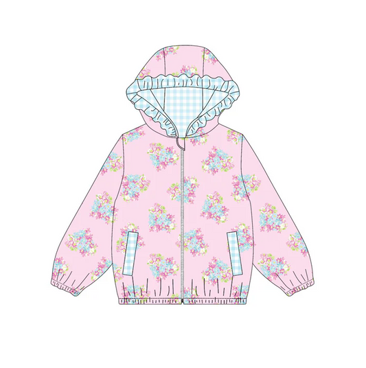 9.12 Preorder (moq 5)Baby Girls Hearts Flowers Pockets Zipper Valentine Ruffle Hoodies Top