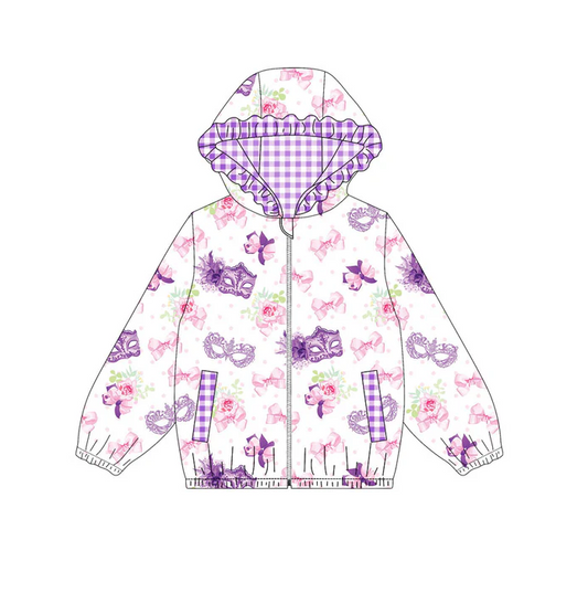 9.12 Preorder (moq 5)Baby Girls Mardi Gras Masks Bows Flowers Pockets Zipper Ruffle Hoodies Top