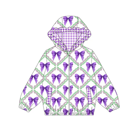 9.12 Preorder (moq 5)Baby Girls Mardi Gras Purple Bows Checked Pockets Zipper Ruffle Hoodies Top
