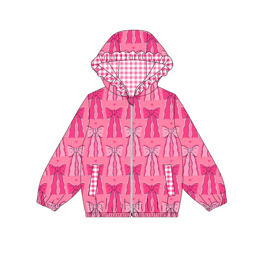 9.12 Preorder (moq 5)Baby Girls Hot Pink Bows Pockets Zipper Valentine Ruffle Hoodies Top