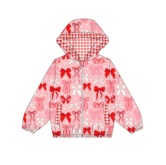 9.12 Preorder (moq 5)Baby Girls Pink Bows Stars Pockets Zipper Valentine Ruffle Hoodies Top