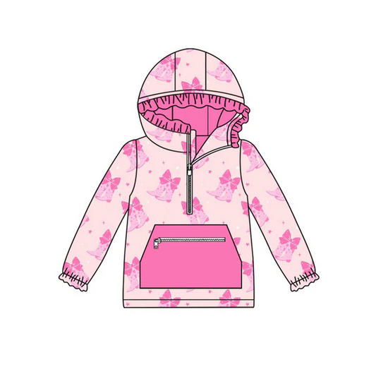9.12 Preorder (moq 5)Baby Girls Pink Bows Boots Pockets Zipper Valentine Ruffle Hoodies Top