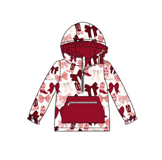 9.12 Preorder (moq 5)Baby Girls Red Pink Bows Boots Pockets Zipper Valentine Ruffle Hoodies Top