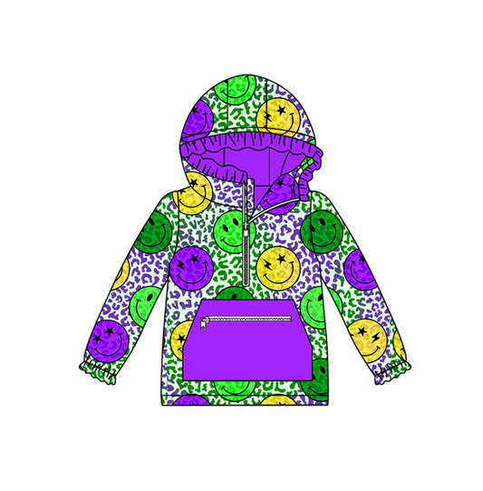 9.12 Preorder (moq 5)Baby Girls Purple Yellow Green Smiles Leopard Pockets Zipper Hoodies Top