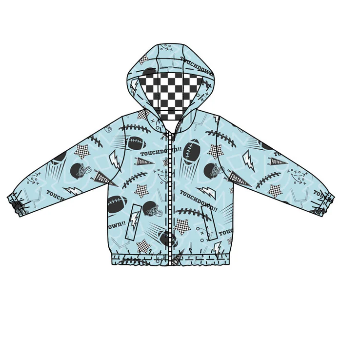 9.12 Preorder (moq 5)Baby Boys Blue Footballs Stars Pockets Zipper Team Hoodies Top