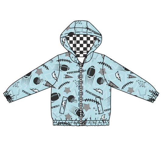 9.12 Preorder (moq 5)Baby Boys Blue Footballs Stars Pockets Zipper Team Hoodies Top
