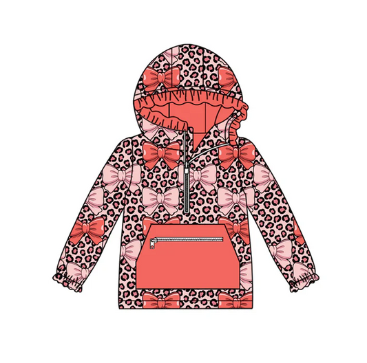 9.12 Preorder (moq 5)Baby Girls Peach Leopard Bows Pocket Zipper Ruffle Hoodies Top