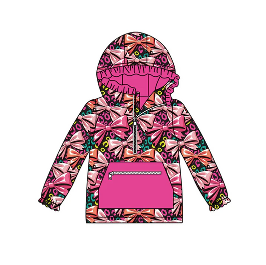 9.12 Preorder (moq 5)Baby Girls Colorful Leopard Bows Pocket Zipper Ruffle Hoodies Top