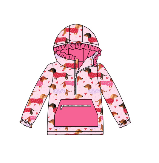 9.12 Preorder (moq 5)Baby Girls Pink Hearts Dogs Valentine Pocket Zipper Ruffle Hoodies Top