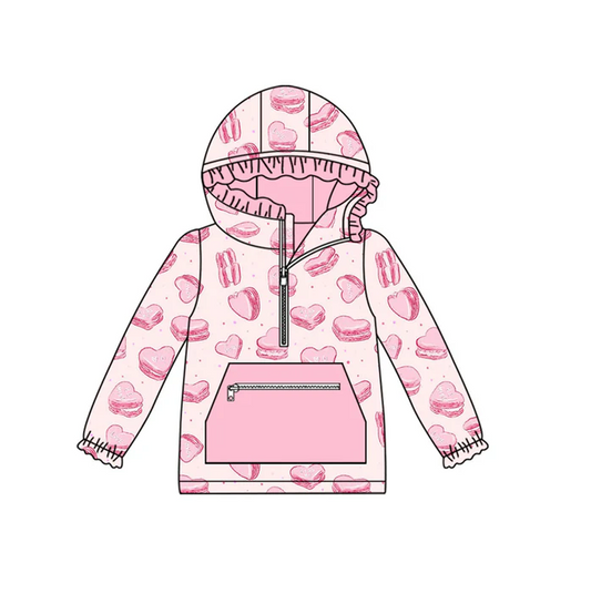 9.12 Preorder (moq 5)Baby Girls Pink Hearts Cookie Valentine Pocket Zipper Ruffle Hoodies Top