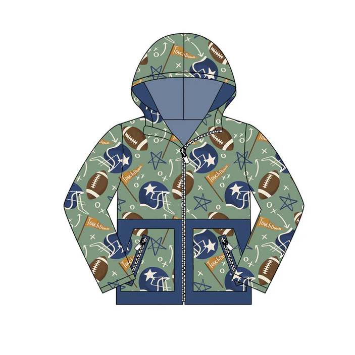 9.12 Preorder (moq 5)Baby Boys Footballs Touch Down Pocket Zipper Team Hoodies Top