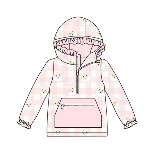 9.12 Preorder (moq 5)Baby Girls Pink Checked Santa Pocket Zipper Christmas Ruffle Hoodies Top