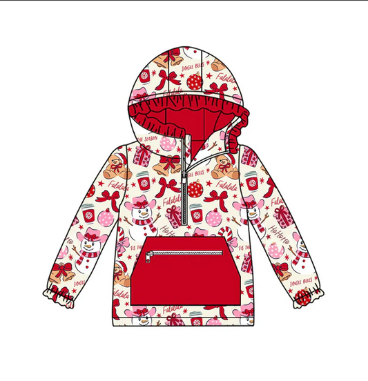 9.12 Preorder (moq 5)Baby Girls Gifts Snowmen Pocket Zipper Christmas Ruffle Hoodies Top