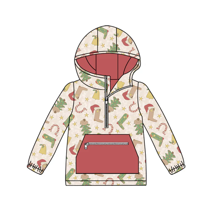 9.12 Preorder (moq 5)Baby Boys Boots Trees Pocket Zipper Christmas Hoodies Top