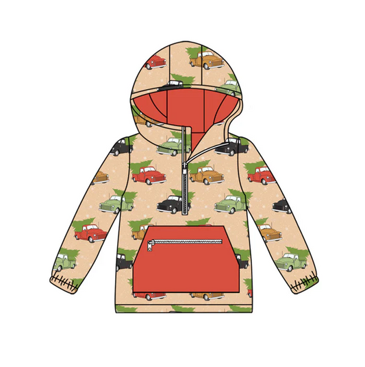 9.12 Preorder (moq 5)Baby Boys Green Red Cars Trees Pocket Zipper Christmas Hoodies Top
