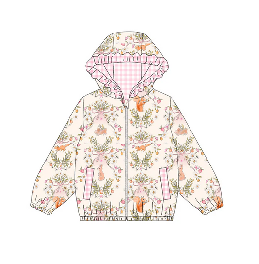 9.13 Preorder (moq 5)Baby Girls Flowers Rabbits Squirrels Pockets Zipper Easter Ruffle Hoodies Jackets Top