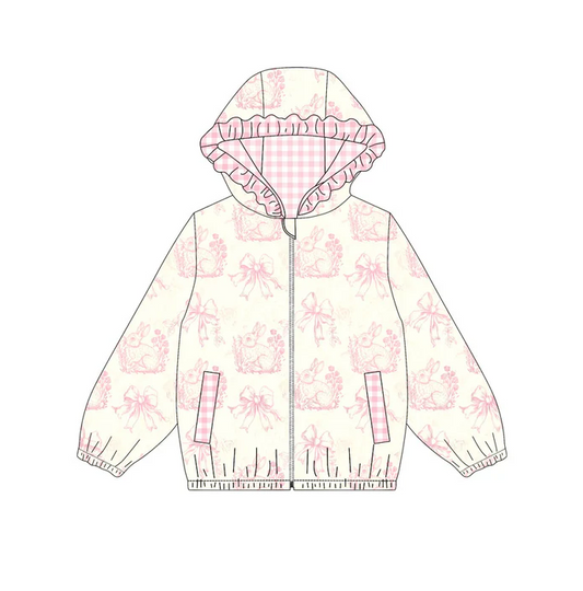 9.13 Preorder (moq 5)Baby Girls Pink Flowers Rabbits Pockets Zipper Easter Ruffle Hoodies Jackets Top