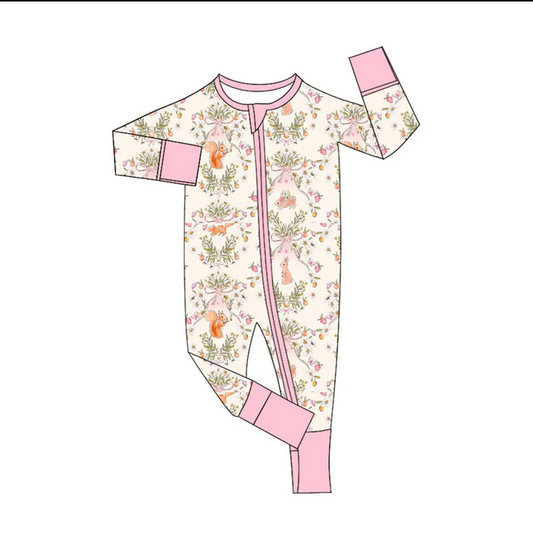 9.13 Preorder (moq 5)Baby Girls Flowers Rabbits Squirrels Easter Zipper Footie Rompers