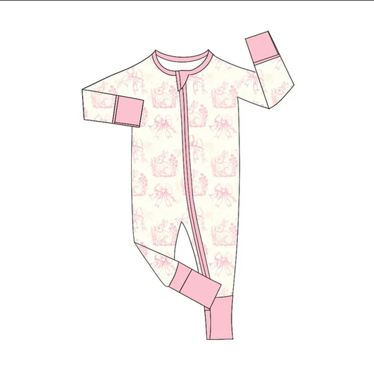 9.13 Preorder (moq 5)Baby Girls Pink Flowers Rabbits Easter Zipper Footie Rompers