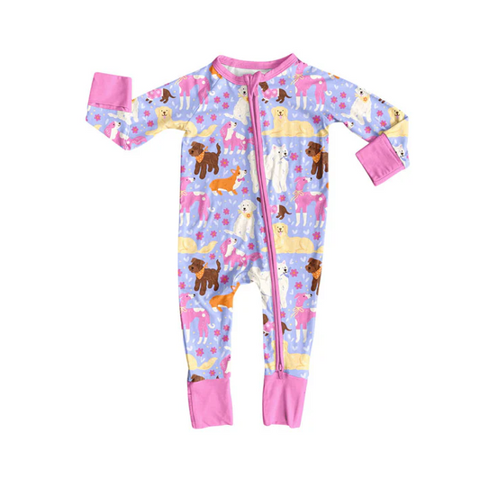 9.13 Preorder (moq 5)Baby Girls Flowers Dogs Valentine Zipper Footie Rompers