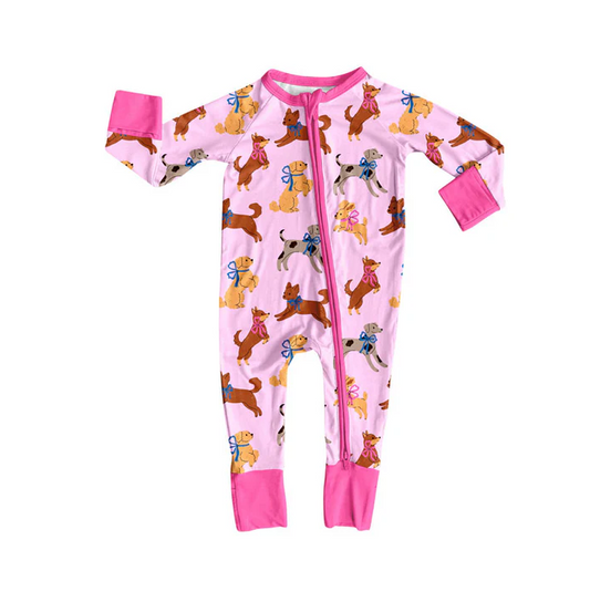 9.13 Preorder (moq 5)Baby Girls Bows Dogs Valentine Zipper Footie Rompers