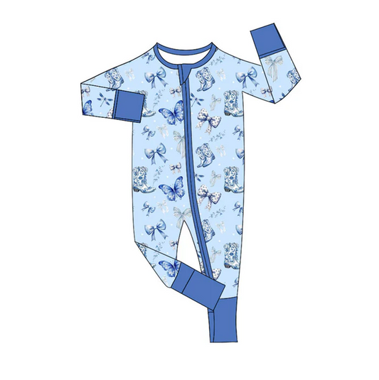 9.13 Preorder (moq 5)Baby Boys Blue Boots Butterfly Zipper Footie Rompers