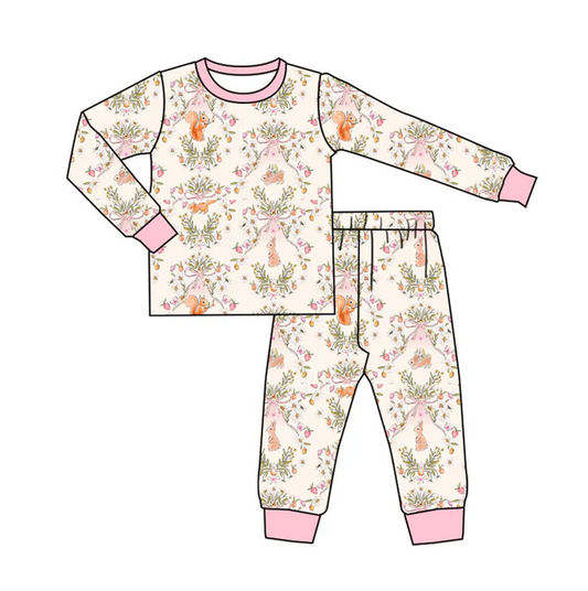 9.13 Preorder (moq 5)Baby Girls Flowers Rabbits Squirrels Top Pants Easter Pajamas Sets