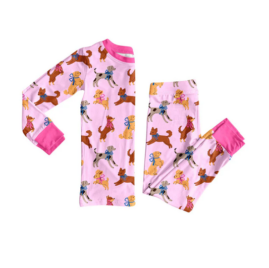 9.13 Preorder (moq 5)Baby Girls Bows Dogs Top Pants Valentine Pajamas Sets