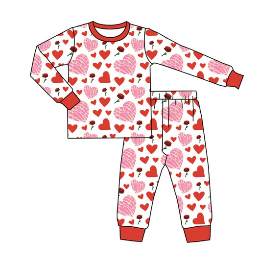 9.13 Preorder (moq 5)Baby Boys Red Flowers Hearts Top Pants Valentine Pajamas Sets