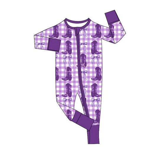 9.13 Preorder (moq 5)Baby Boys Purple Checked Boots Bows Zipper Footie Rompers