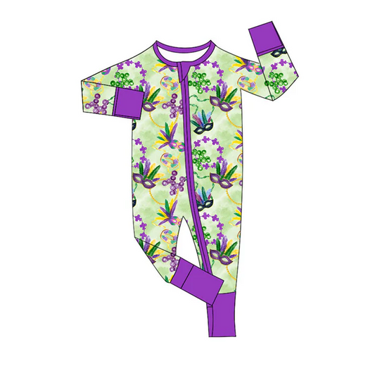 9.13 Preorder (moq 5)Baby Boys Bows Anchors Masks Mardigras Zipper Footie Rompers