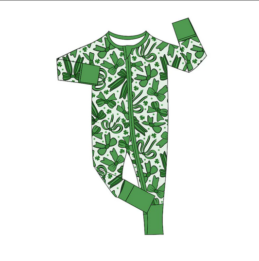 9.13 Preorder (moq 5)Baby Boys Bows Clovers St Patrick Zipper Footie Rompers