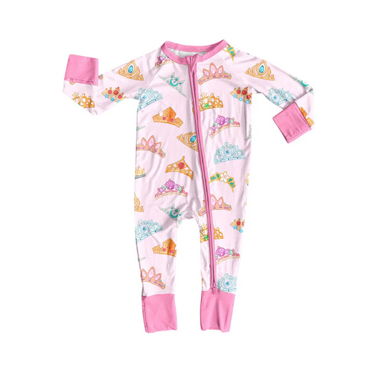 9.13 Preorder (moq 5)Baby Girls Colorful Crowns Zipper Footie Rompers