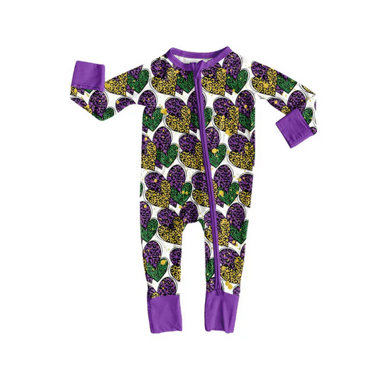 9.13 Preorder (moq 5)Baby Girls Leopard Hearts Mardigras Zipper Footie Rompers