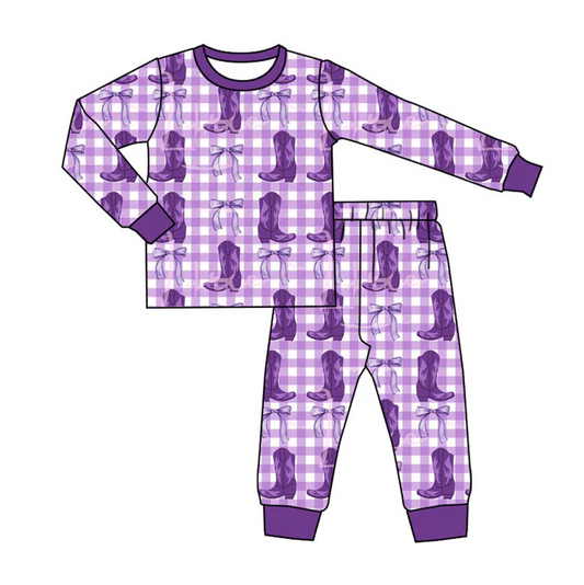 9.13 Preorder (moq 5)Baby Boys Purple Checked Boots Bows Top Pants Pajamas Sets