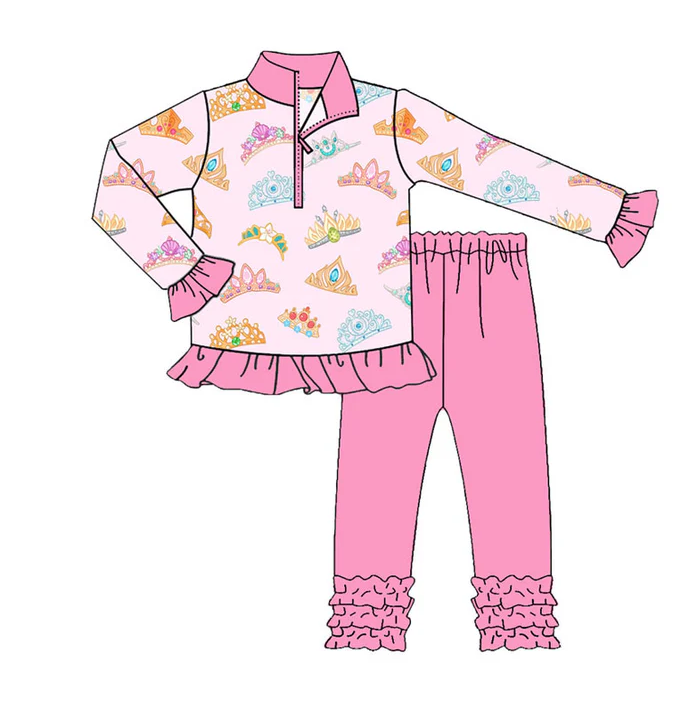 9.13  Preorder (moq 5)Baby Girls Colorful Crowns Zipper Pullover Ruffle Legging Mardigras Clothes Sets