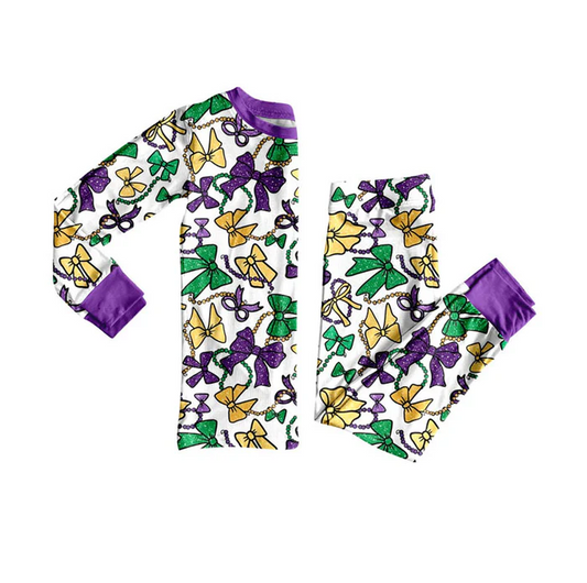 9.13  Preorder (moq 5)Baby Girls Purple Yellow Green Bows Top Pants Mardigras Pajamas Sets