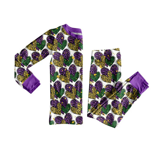 9.13  Preorder (moq 5)Baby Girls Leopard Hearts Top Pants Mardigras Pajamas Sets